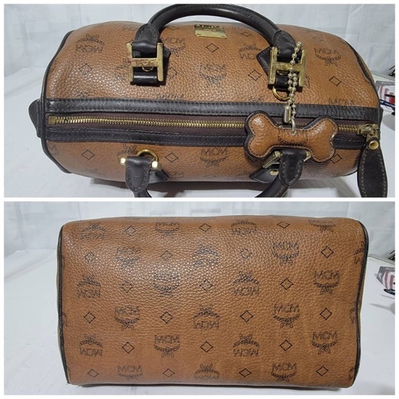Authentic MCM Visetos Dog Bone Boston Bag Brown - Picture 6 of 12